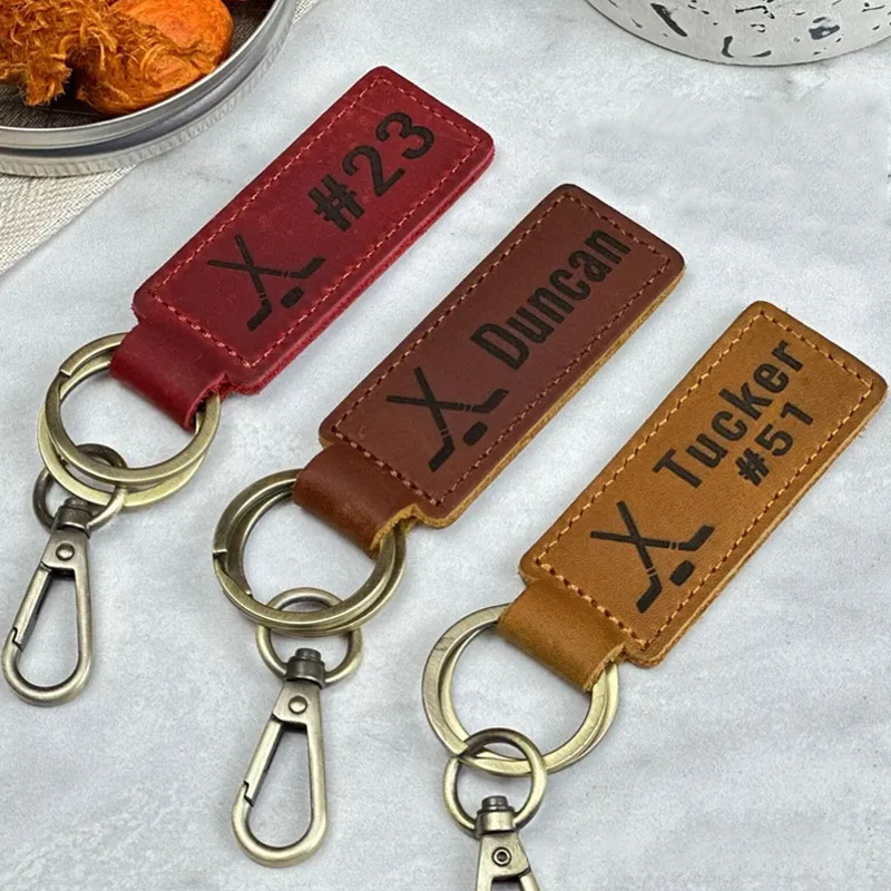 Personalized Leather Hockey Keychain with Custom Name and Number