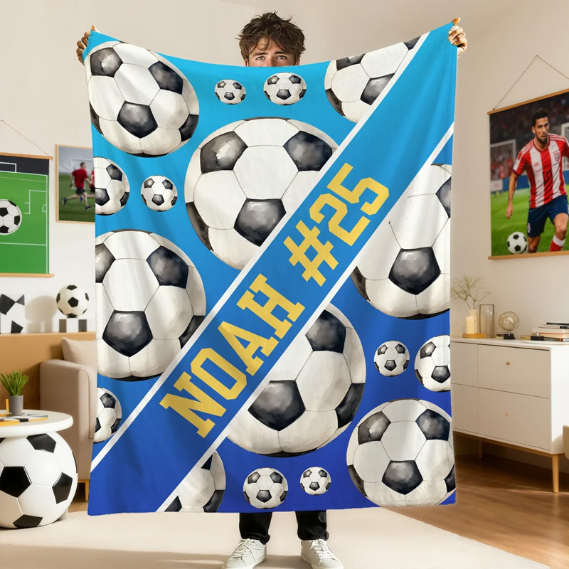 Personalized Sports Soft Throw Blanket Baseball Football Soccer Ball with Text Game Day Birthday Gift for Kids Sports Lovers