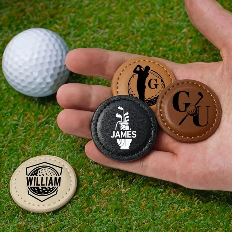 Personalized Golf Silhouette Monogram PU Leather Magnetic Golf Ball Marker with Initial and Name Birthday Father's Day Gift for Golf Lovers