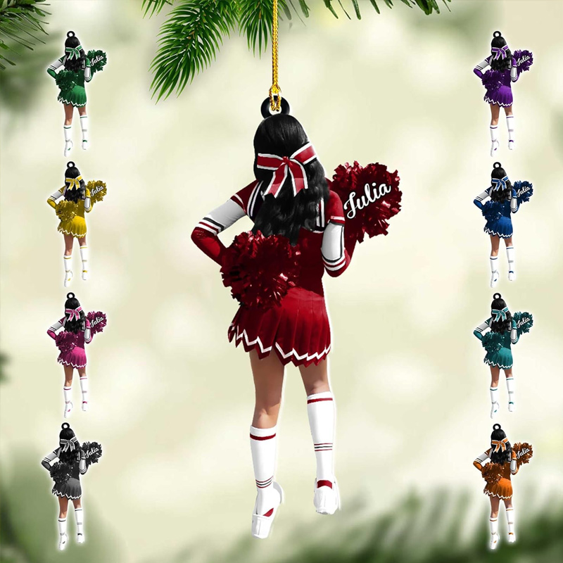 Personalized Cheerleader Acrylic Christmas Ornament with Custom Name, Outfit Color, and Festive Pom-Pom Design