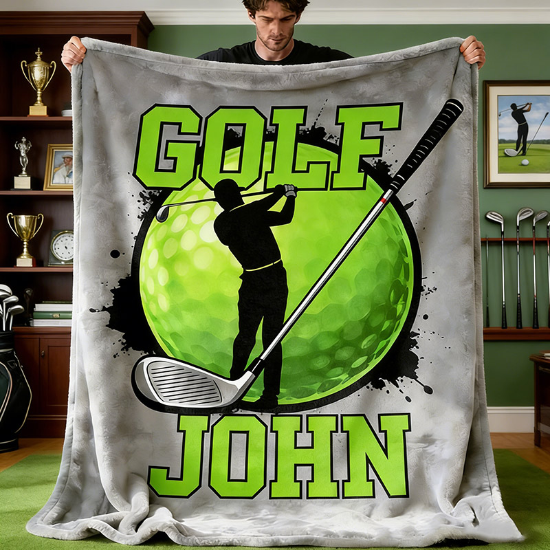 Personalized Golf Blanket with Golf Clubs and Ball Custom Name Gift for Him