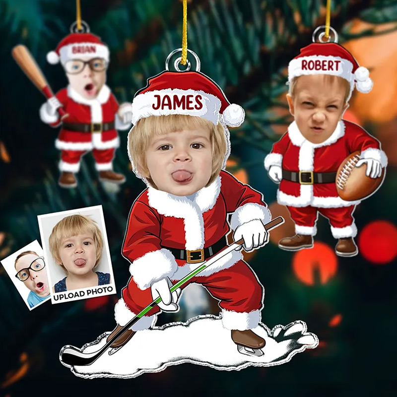 Personalized Santa Photo Ornaments with Custom Face Upload Name and Sports Themed Holiday Design