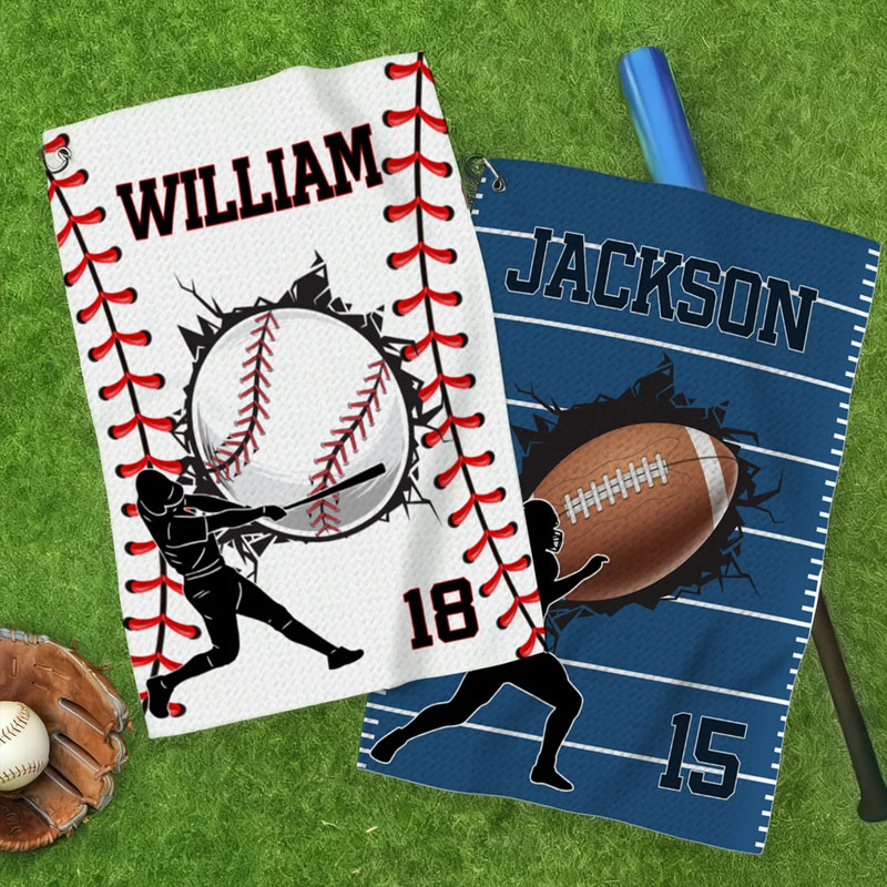 Personalized Character Silhouette Sports Towel with Name Number and Hanging Clip Game Day Gift for Sports Lovers