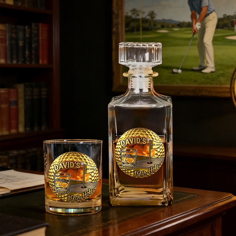 Personalized Golf Whiskey and Glass Set 19th Hole Golf Gift for Him Custom Name Barware for Golfers 