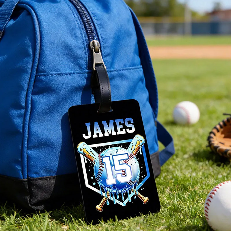 Personalized Ice Cream Dripping Baseball Luggage Tag with Name and Number Travel Accessories Team Gift for Baseball Players Lovers