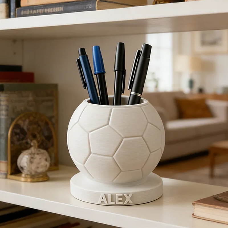 Personalized 3D Printed Soccer Ball Pen Holder with Custom Name Design