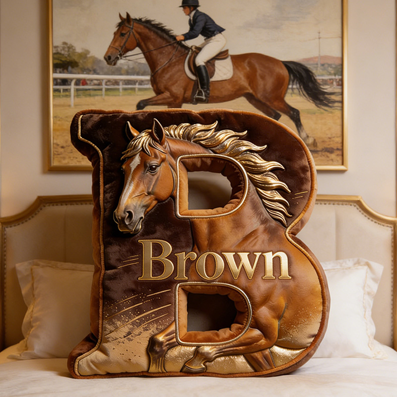 Personalized Horse Letter Pillow Golden Horse Print Custom Name Gift for Equestrian Enthusiasts
