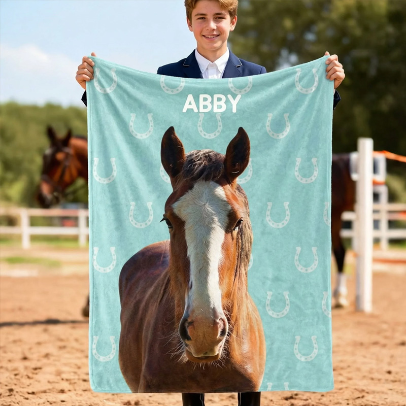 Personalized Painted Horse Photo Horseshoe Print Multicolor Soft Throw Blanket with Name Home Decor Birthday Gift for Horse Lovers
