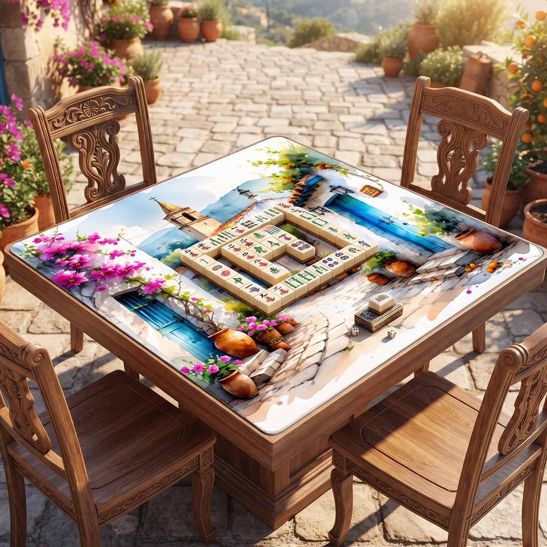 Spanish Village Watercolor Mahjong Mat Andalusia White Town & Bougainvillea Non-Slip Square Game Table Pad