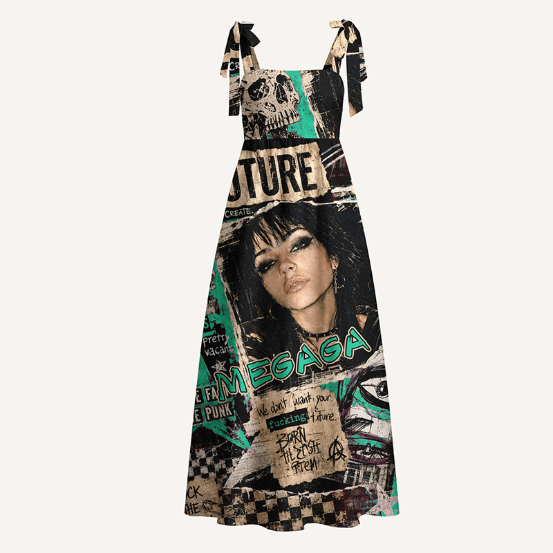 Personalized Grunge Punk Maxi Dress Collage Print Custom Photo and Name Bow Strap Rock Graphic Flowy Dress