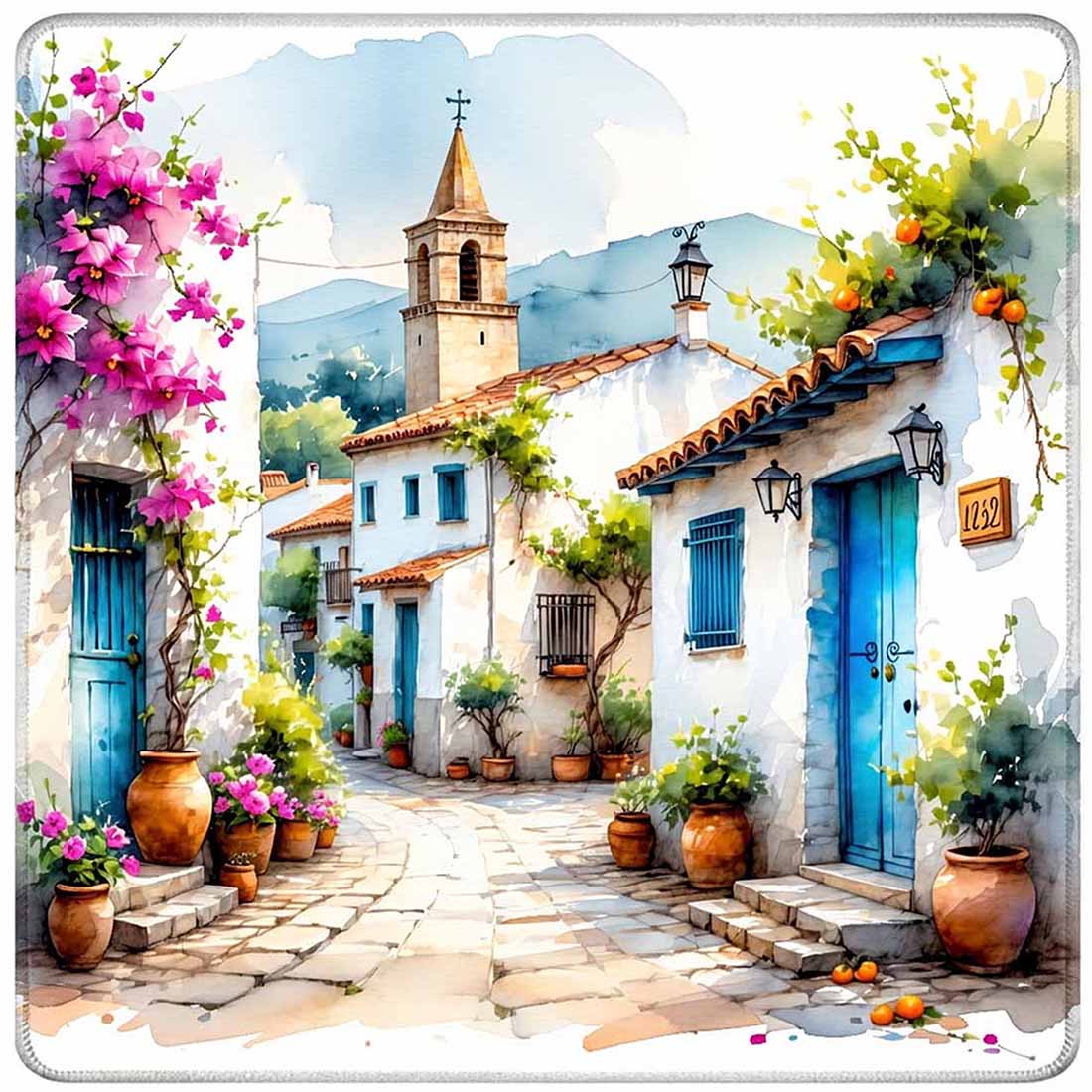 Spanish Village Watercolor Mahjong Mat Andalusia White Town & Bougainvillea Non-Slip Square Game Table Pad