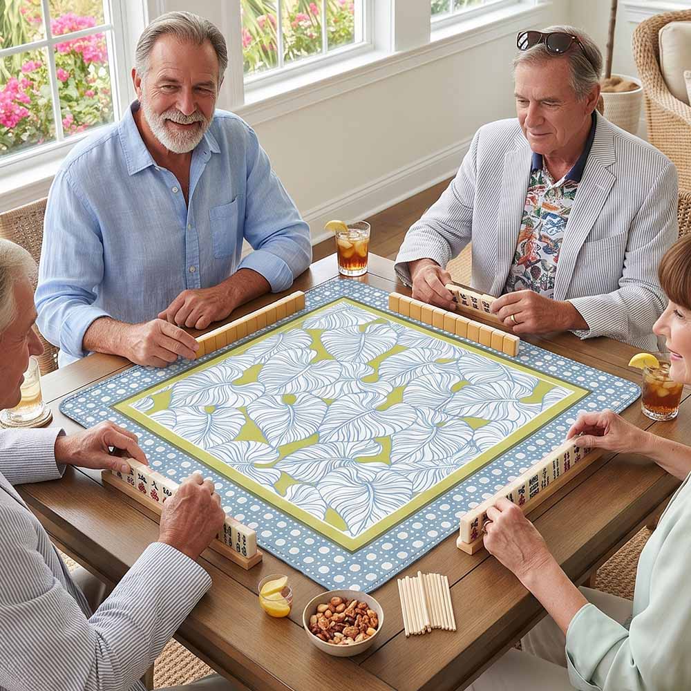 Mahjong Mat Coastal Pattern Design Cane Light Blue Accessories Gift Game Table Square Pad Botanical Print
