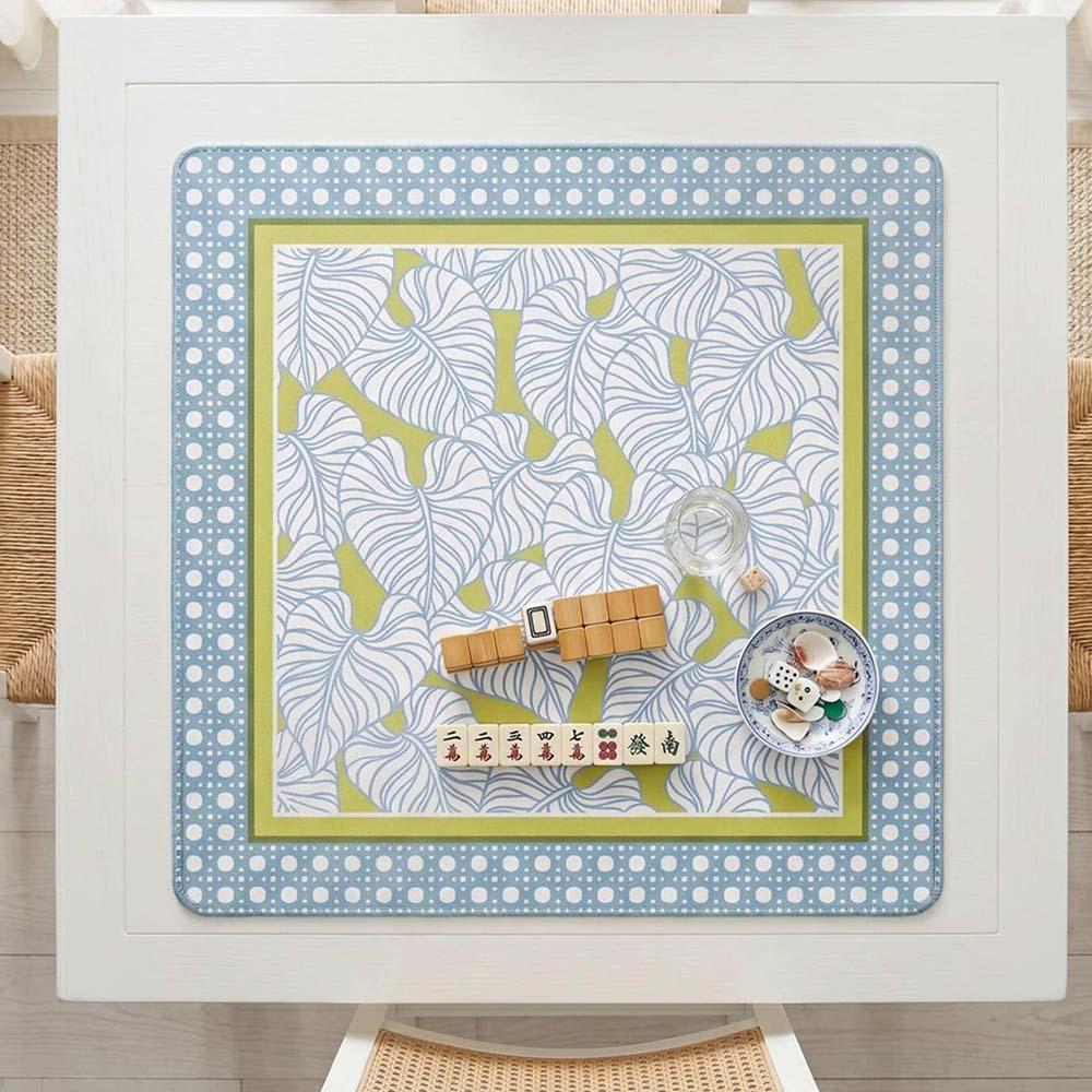 Mahjong Mat Coastal Pattern Design Cane Light Blue Accessories Gift Game Table Square Pad Botanical Print