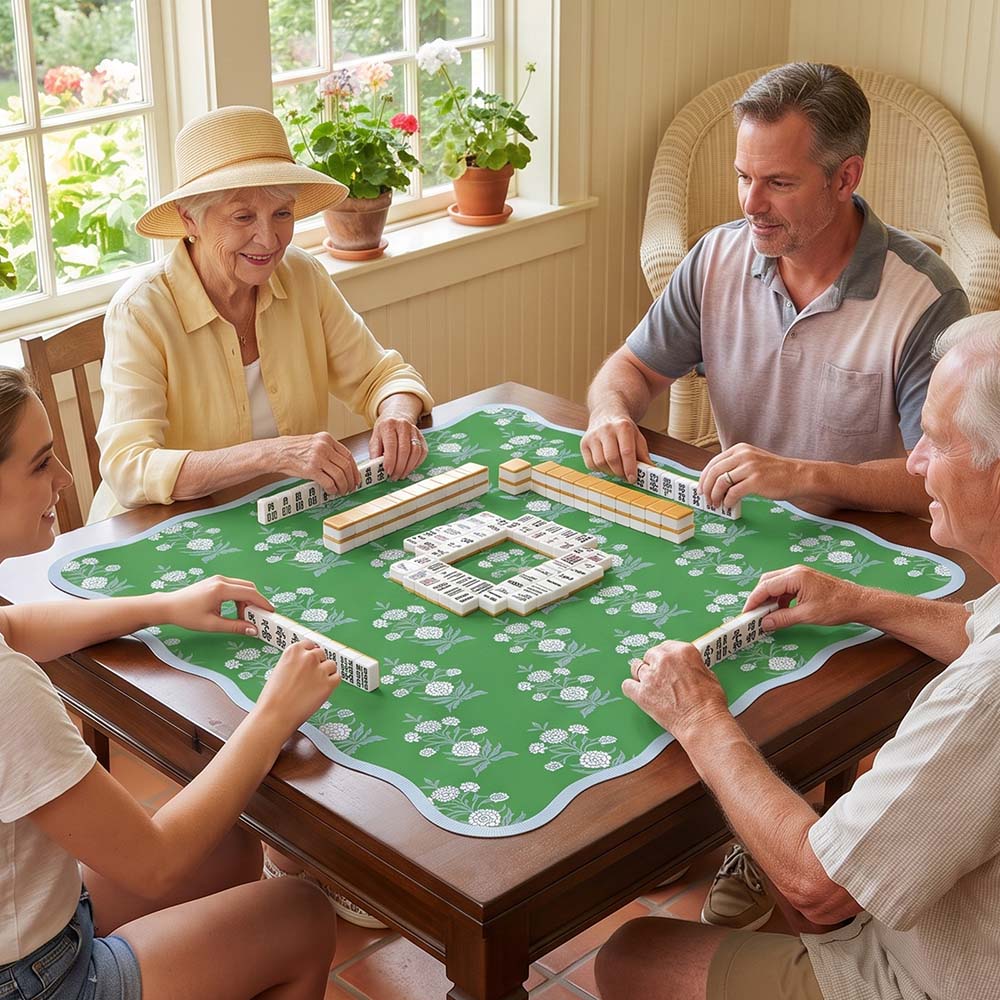 Mahjong Mat Scalloped Premium Neoprene Game Table Protector Green Blockprint Floral Design Mahjong Gift Enthusiast Playing
