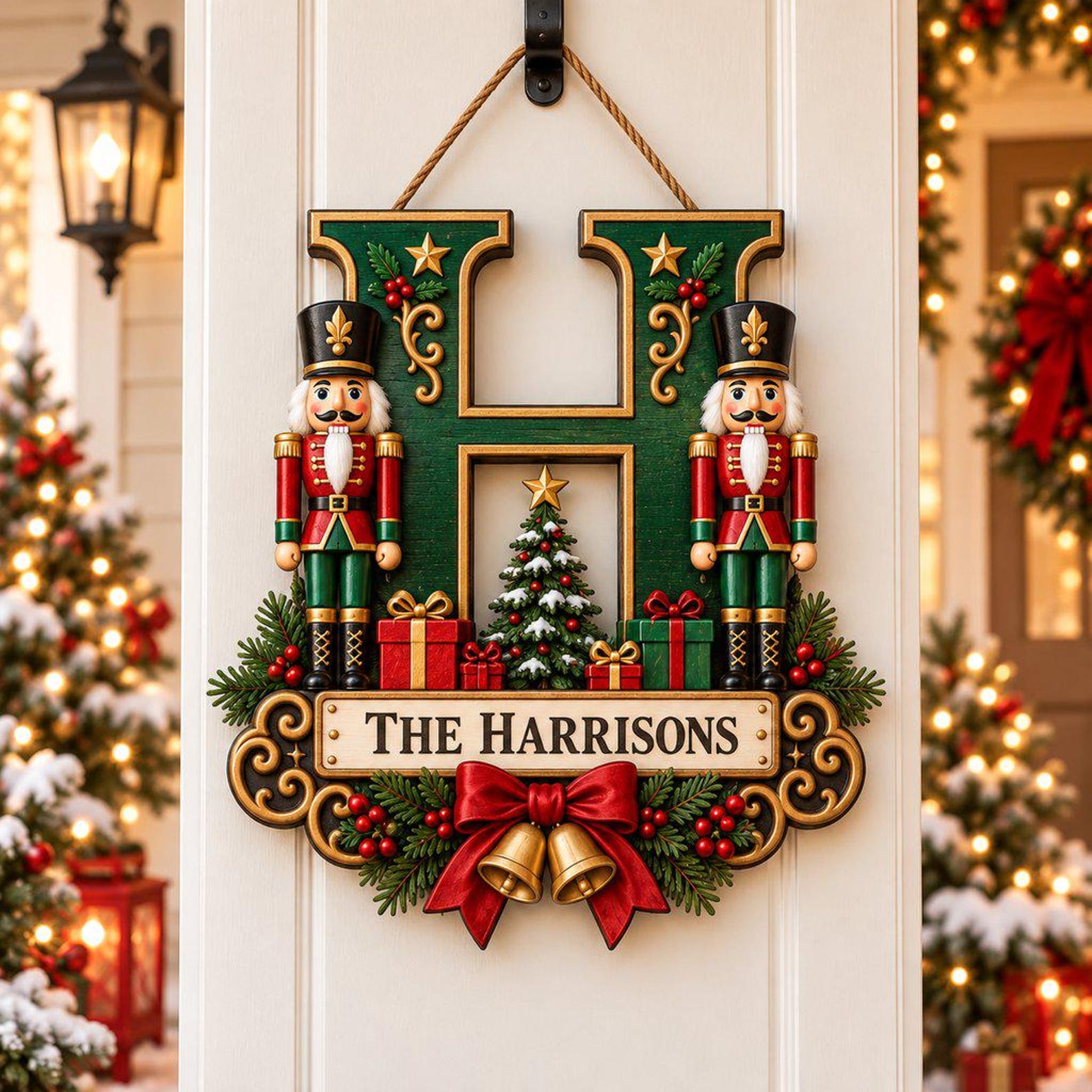 Personalized Nutcracker Christmas Wooden Door Sign, Family Name Initial Hanger, Red Green Holiday Monogram Decor, Festive Housewarming Gift