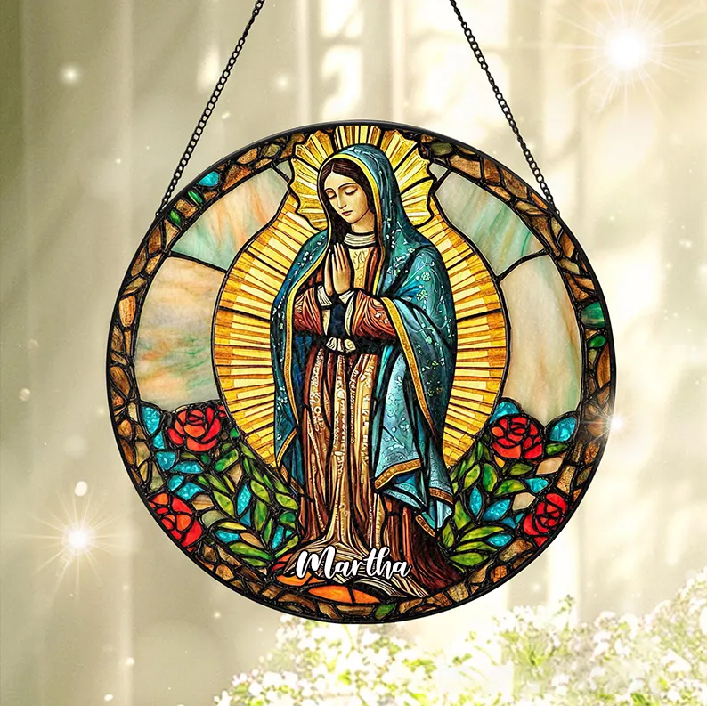 Personalized Our Lady of Guadalupe Stained Glass Suncatcher Ornament with Name Window Hanging Decor Virgin Mary Art Religious Gift Catholic Gift