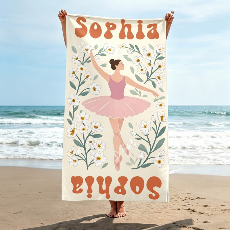 Personalized Multicolor Birth Flower Quick Dry Oversized Beach Towel with Name Summer Vacation Pool Party Gift for Women Dance Lovers Ballet Lovers