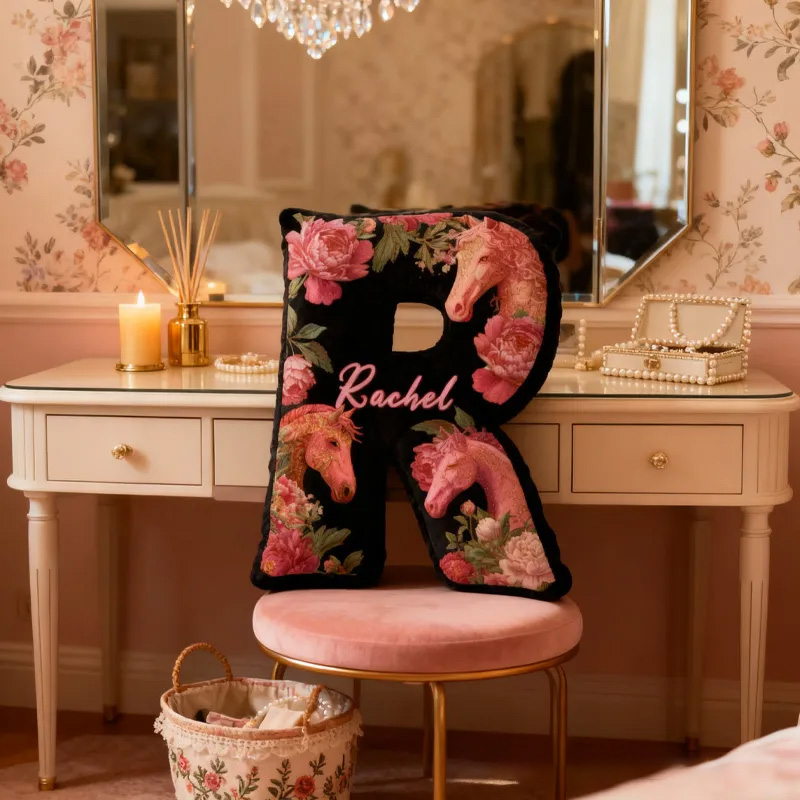 Personalized Riding Equestrian Floral Letter Pillow Horse Custom Name Festive Flower Decor with French Countryside Gifts for Family Graphic 3D Print for Riding Lovers Equestrian Lovers