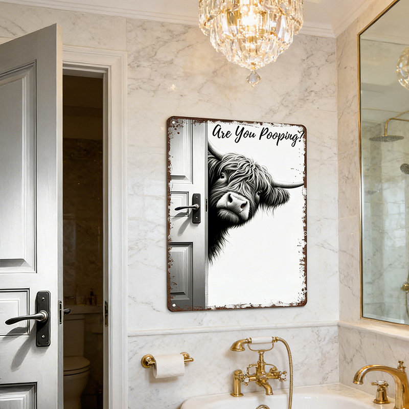Vintage Highland Cow Metal Sign, Funny Bathroom Wall Art with Quote