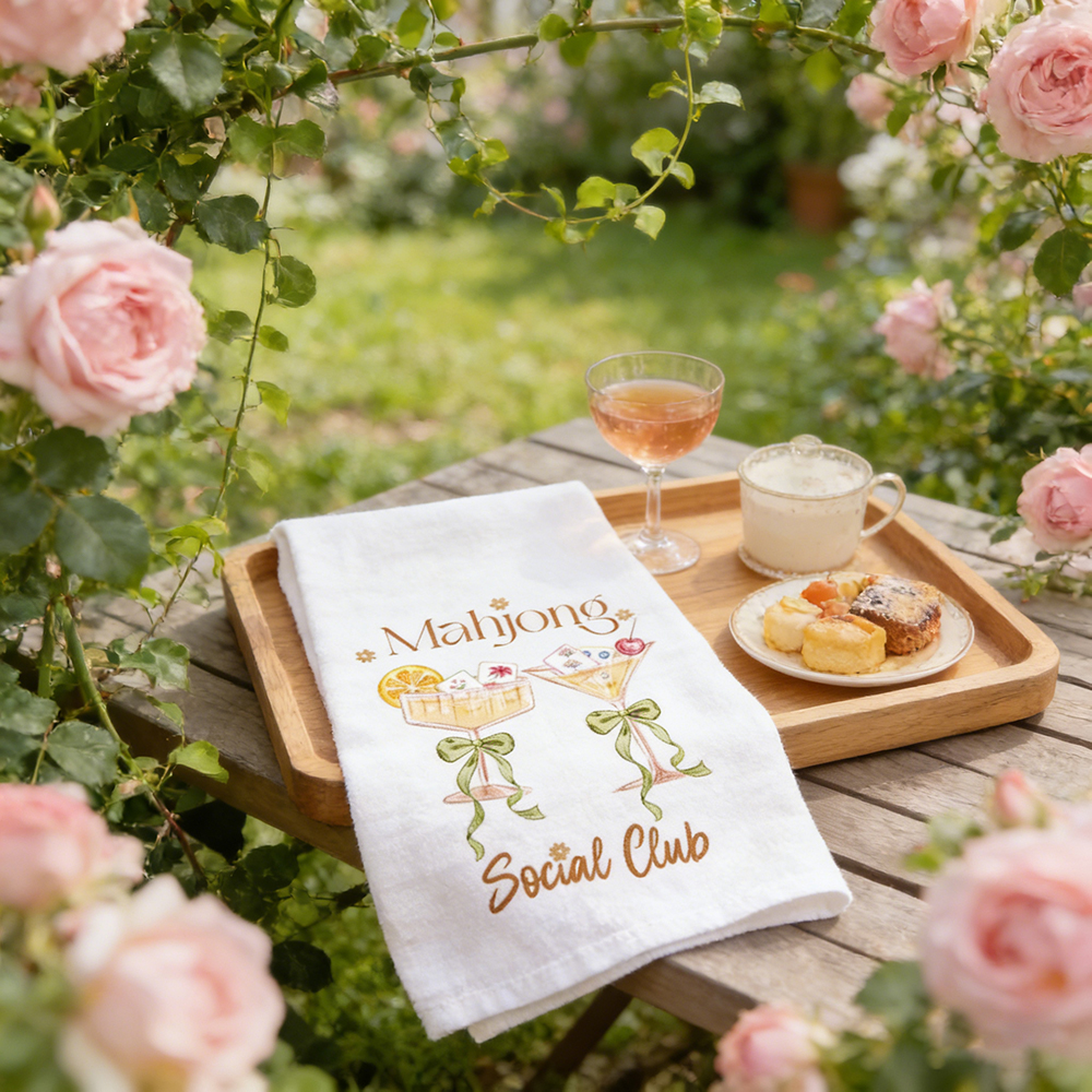 Mahjong Social Club Tea Towel – Cute Cocktail Mahjong Design Perfect for Your Kitchen or Game Night Decor