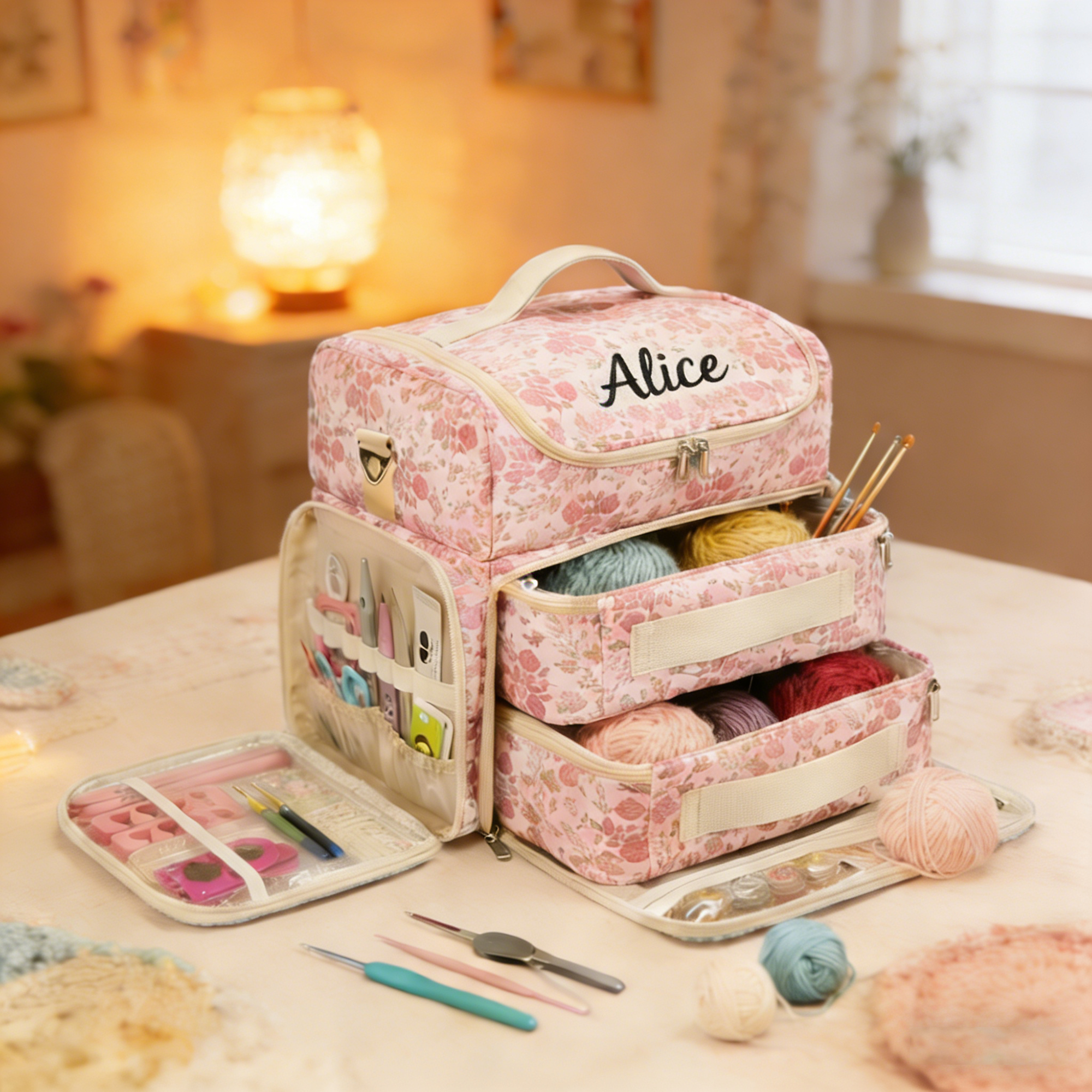 Personalized Large Capacity Floral Crochet & Knitting Bag with Multiple Compartments - Portable Yarn Storage Organizer for Craft Supplies