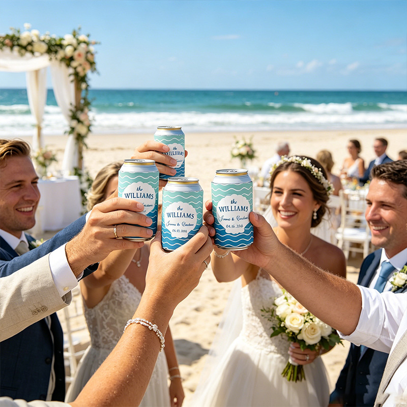 Personalized Ocean Theme Striped Beer Can Cooler Sleeve with Name Title and Date Wedding Party Gift for Newlyweds