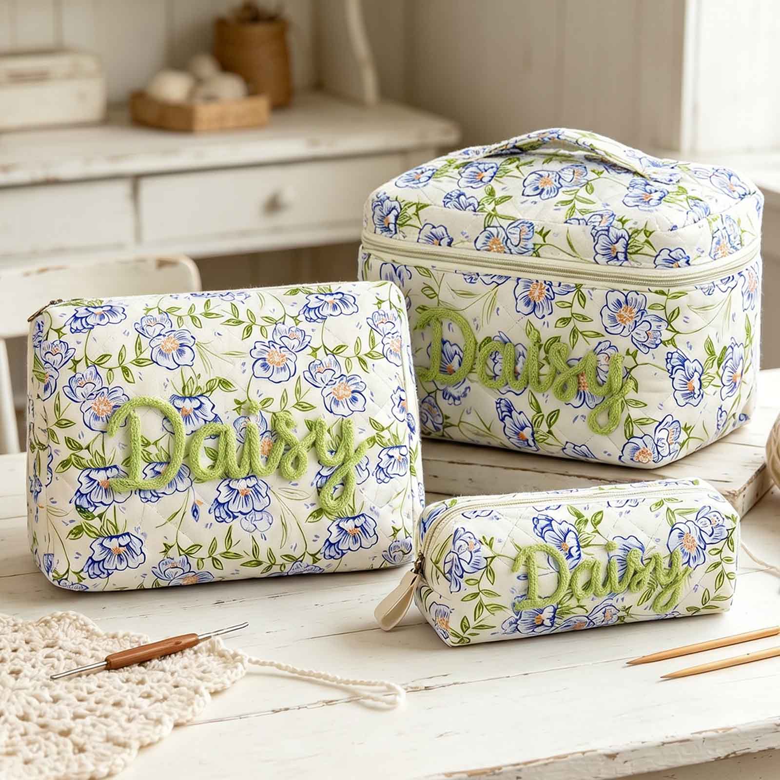 Personalized 3D Chenille Name Cotton Quilted Crochet Tool Storage Bag Large Small  Floral Crochet Tool Storage Bag Set Cute Coquette Pouch for Purse Aesthetic Cloth Flower Storage Bag Organizer