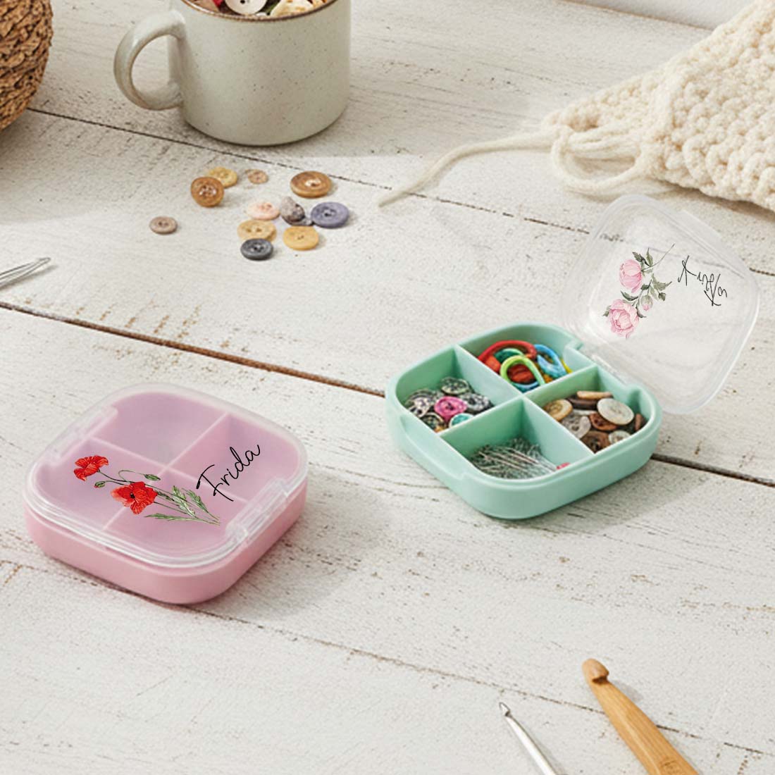 Personalized Knitting Crochet Notions Case Mini Storage Box Custom Name with Birth Flower Crochet Tool Organizer 4 Compartments Multi Section Stitch Markers Point Protectors Tools Travel Compartments Case
