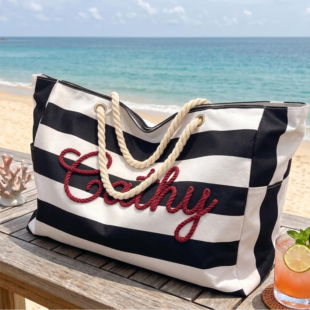  Personalized Waterproof Pool Tote Custom Beach Bag with Zipper Embroidered Girls Trip Striped Canvas Tote Bag Summer Vacation Gift for Her