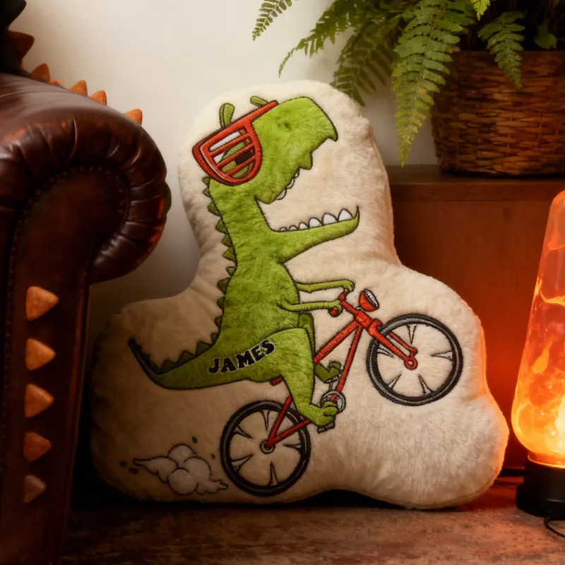 Personalized Dino Rider Bike Pillow Cozy Graphic 3D Print Cool Biker Dino Pillow Name Pillow Comfortable Travel Cushion for Kids Boys Riding Lovers