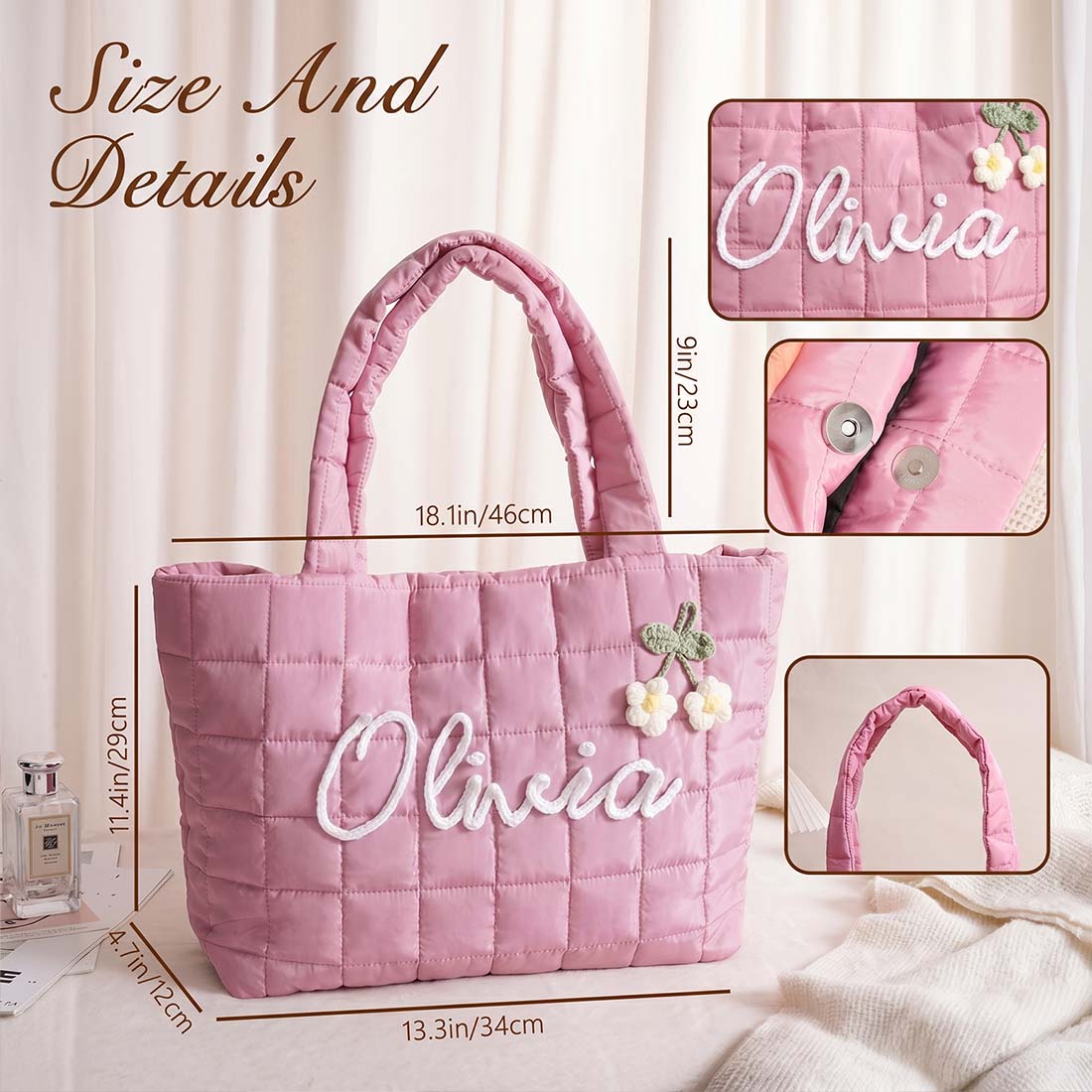 Personalized Crochet Tool Storage Tote Bag, Nylon Quilted Tote Bag, Custom Cotton Rope Embroidery Name Shoulder Tote