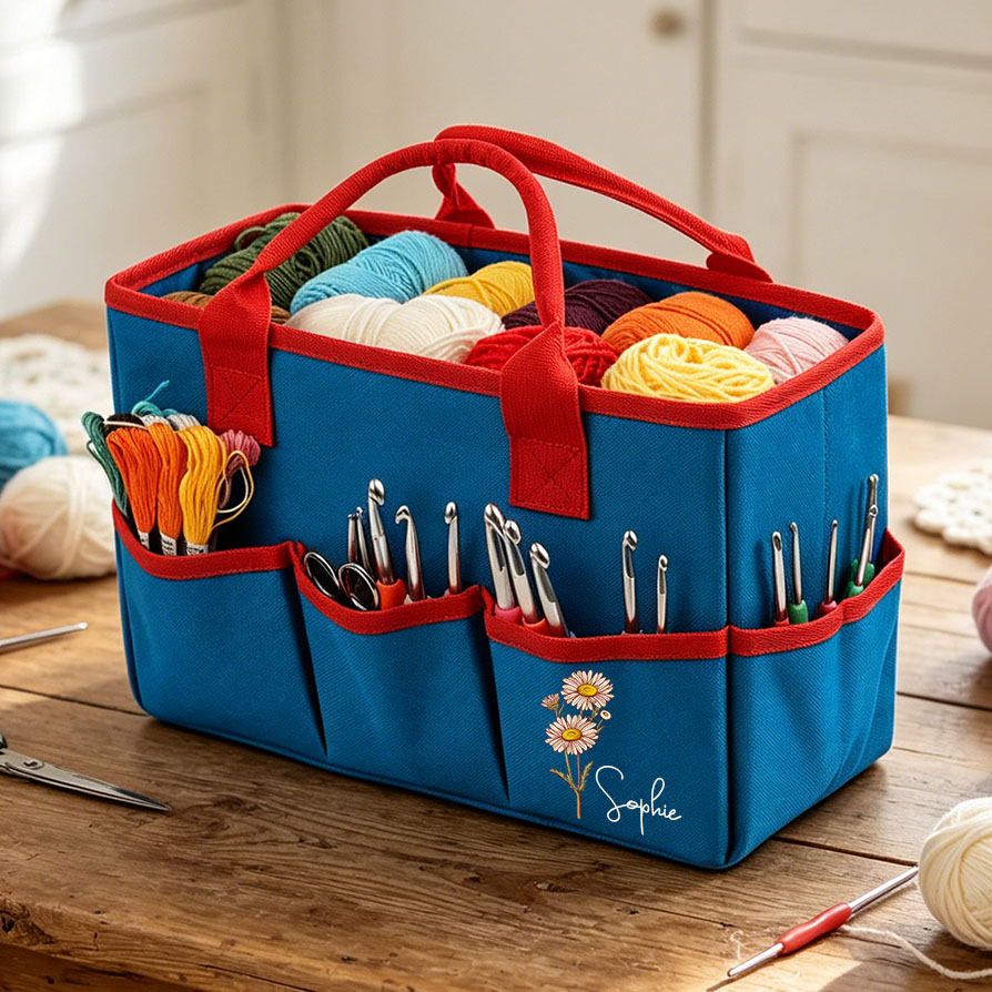 Personalized Crochet Tool Storage Tote Bag Birth Month Flower Tote Bag Custom Name Premium Oxford Cloth Tote Reusable Storage Bags