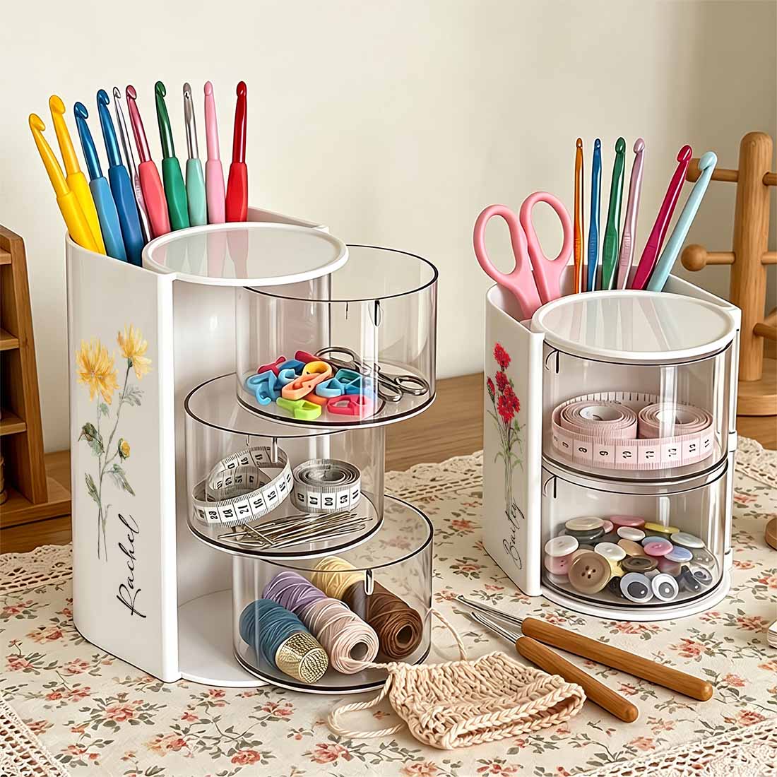 Rotary Crocheting Tools Storage Box Transparent Dust Multi Layer Square Crochet Tools Storage Rack