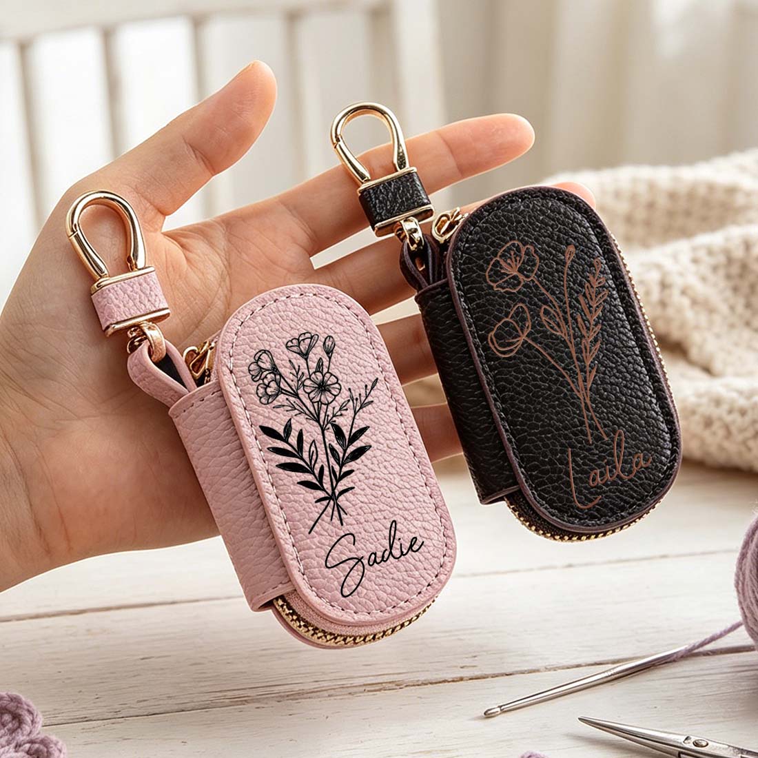 Personalized Knitting Crochet Notions Bag Mini Storage Bag Stitch Markers Point Protectors Tools Custom Name with Birth Flower
