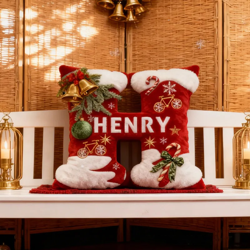 Personalized Red Christmas Letter Pillow Custom Name Festive Decor with Bicycle Snowflake Christmas Gifts for Family Graphic 3D Print Cycling Riding Lovers