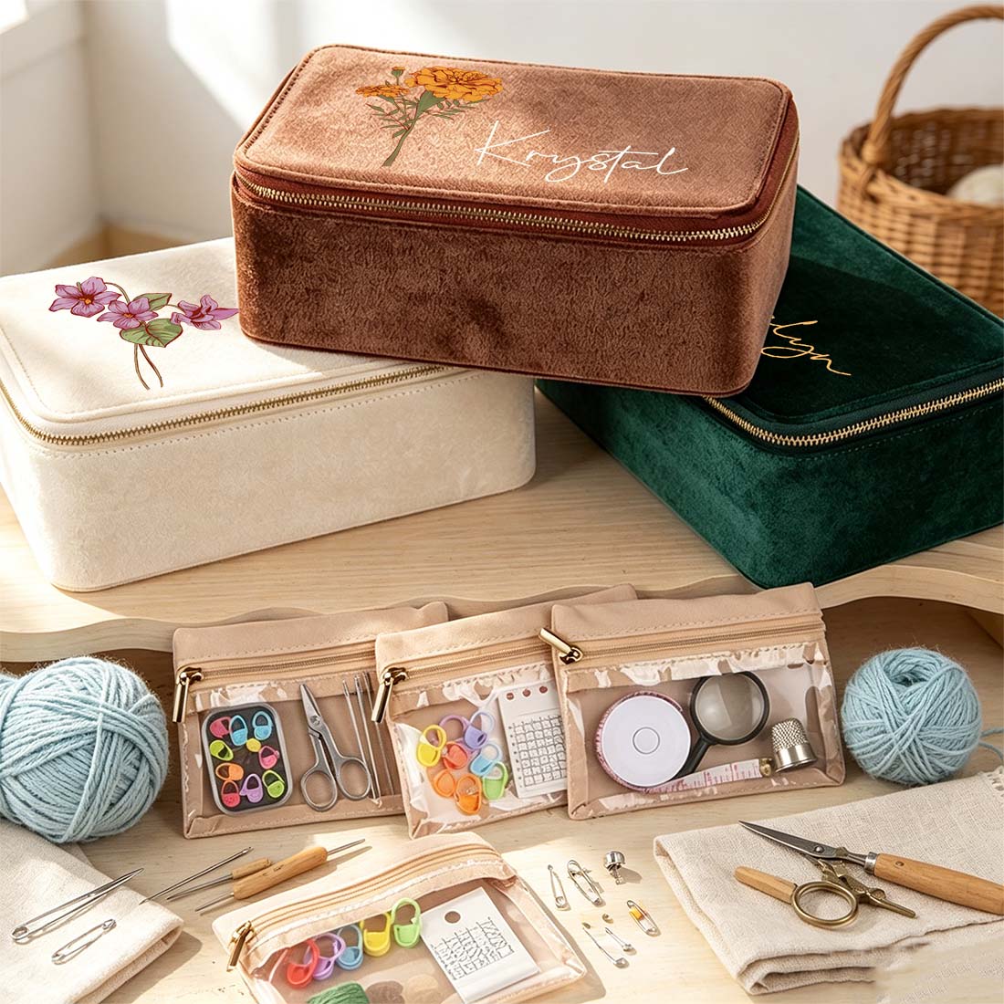 Personalized Plush Velvet Knitting Crochet Notions Case Box Portable Storage Box Section Stitch Markers Custom Name with Birth Flower