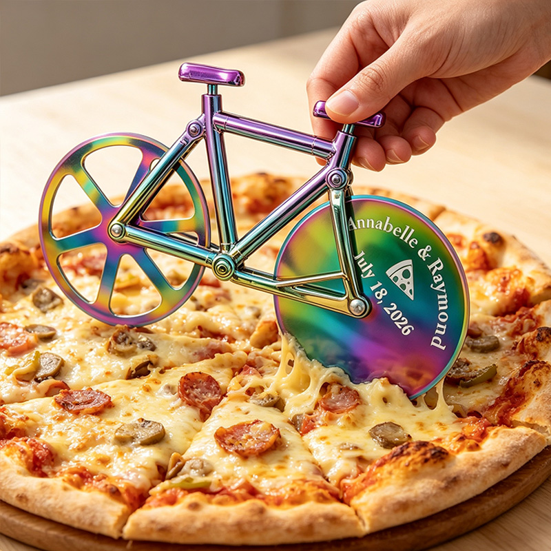 Personalized Bicycle Pizza Cutter Custom Engraved Dual Wheel Rose Gold Holographic Wedding Groomsmen Gift for Him Chef Couple Anniversary Gift