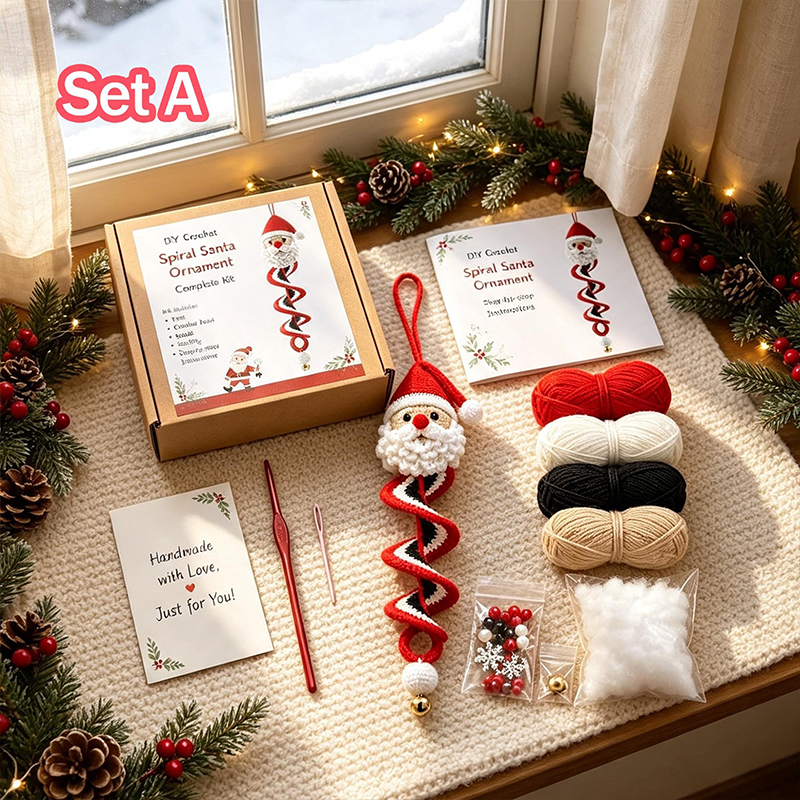 Christmas Crochet Ornament Kit, Soft Cotton Yarn DIY Spiral Santa Snowman Hanging Decor Material Pack, Holiday Craft Gift