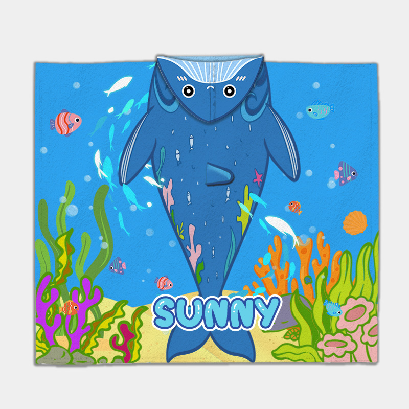 Personalized Ocean Explorer Whale Dolphin Print Hooded Blanket Custom Name Practical Fun Gift for Kids Indoor Outdoor