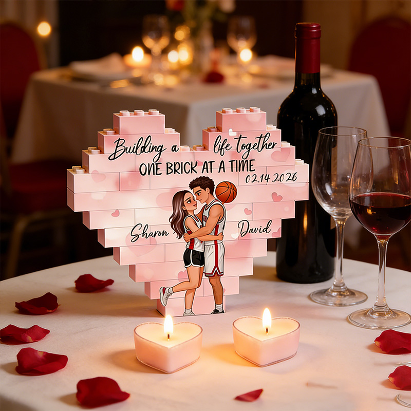 Personalized Basketball Couple Heart Building Block Building a Life Together One Brick at a Time  with Custom Names and Date Valentine's Day Gift