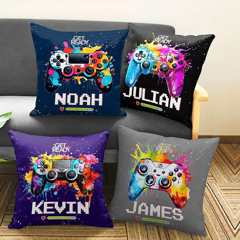Personalized Get Ready Colorful Ink Splash Gamepad Design Throw Pillow Cover with Name Gaming Room Decor Birthday Gift for Game Geek Lovers