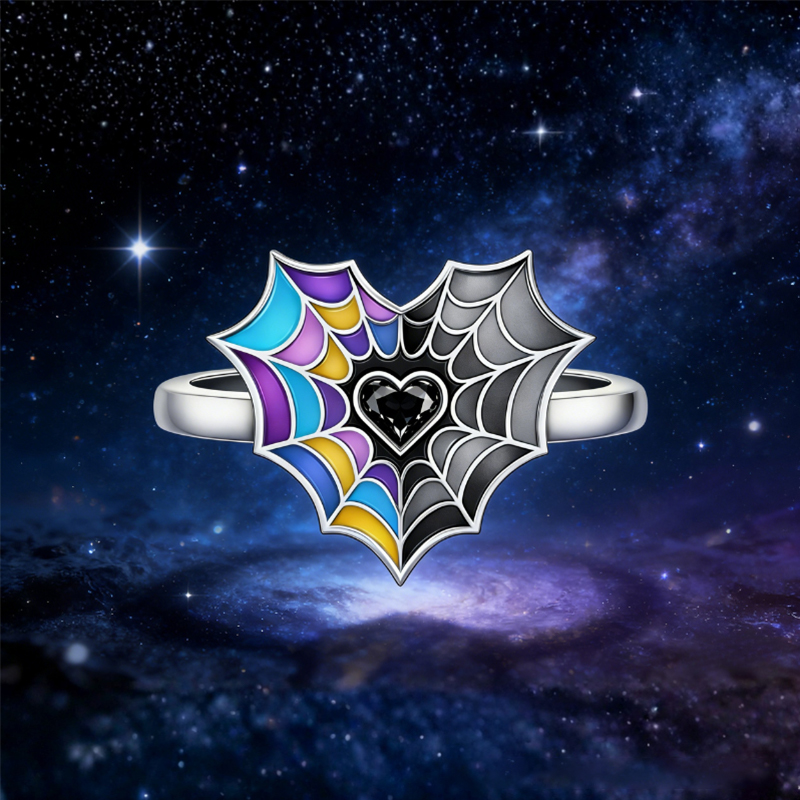 Personalized Birthstone Spiderweb Heart Ring Sterling Silver Ring Symbolic Jewelry Gift for Couples and Best Friends