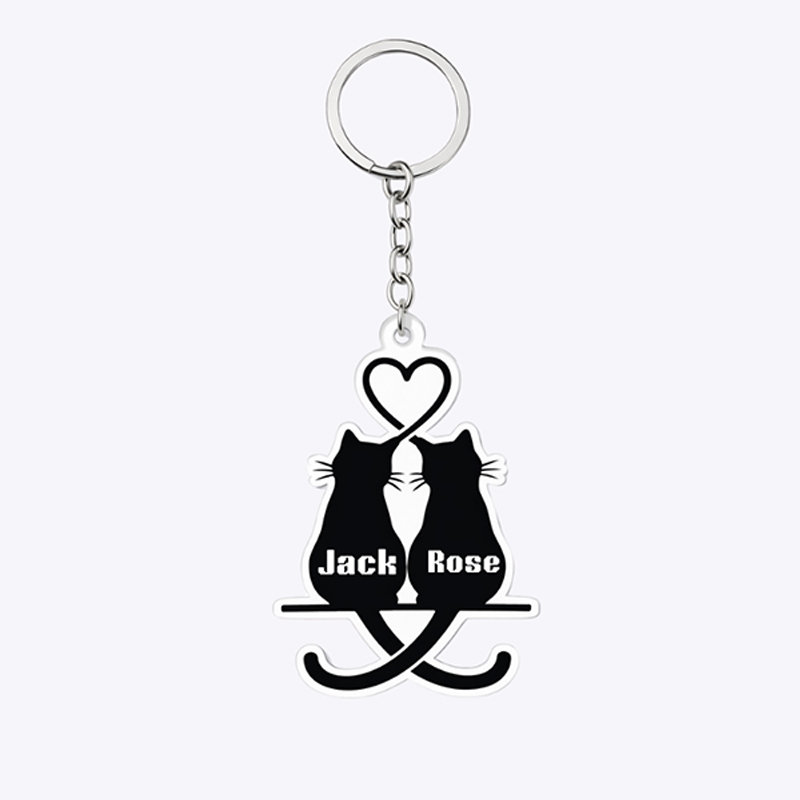Personalized Snuggling Cats Keychain Couple Silhouette Engraved Key Ring Cute Gift for Couples Valentine's Day Present