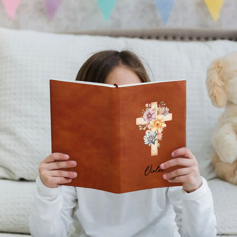 Personalized Watercolor Cross 1-5 Birth Flowers Prayer Journal Leather A5 Notebook with Name for Bible Study Birthday Gift Religious Gift for Women