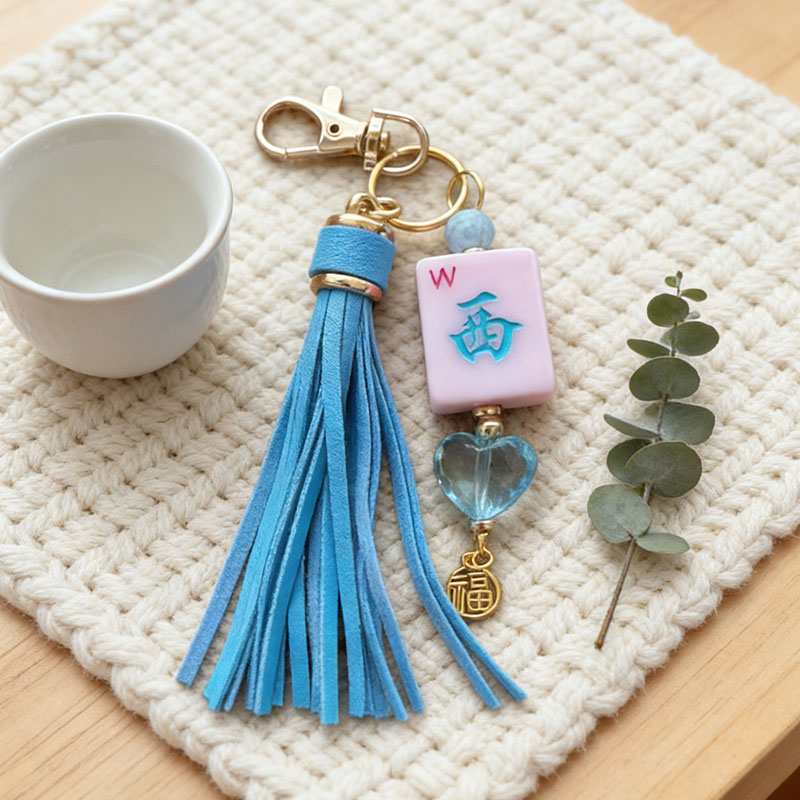 Handmade Mahjong Tile Bag Charm with Tassel Mixed Beads Mahjong Tile Keychain
