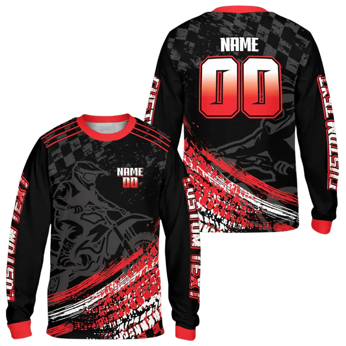 Personalized Green Grunge Checkered Motocross Custom Name Number Long Sleeve Racing Jersey
