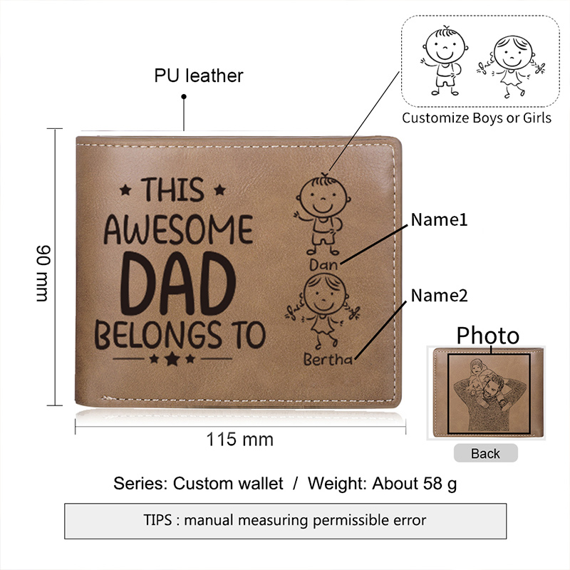 Personalised Doll Engraved Leather Men's Wallet Custome Name Folding Wallet With Kids Name for Dad Father's Day Gift