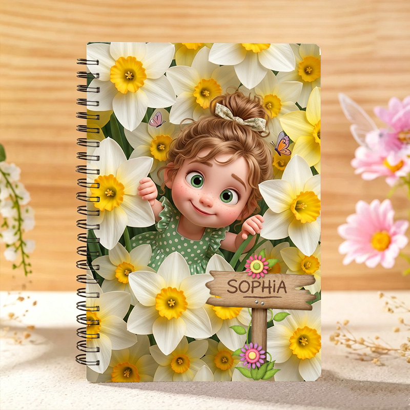 Personalized Cute Cartoon Girl Birth Flower Custom Name Notebook for Children