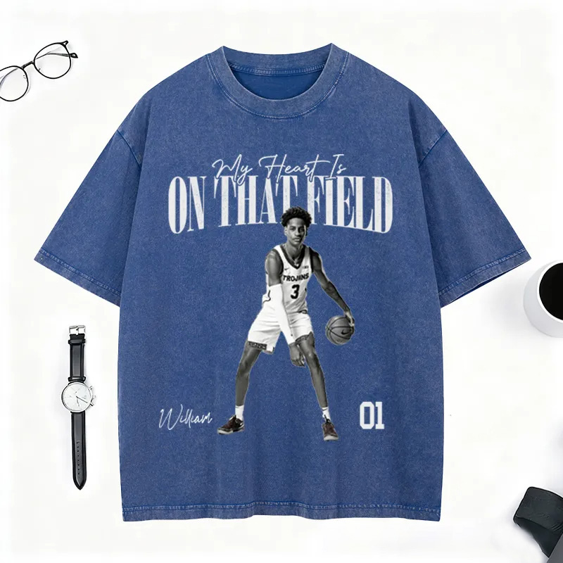 Personalized "My Heart Is on That Field" Washed T-Shirt with Custom Basketball Player Photo and Detail For Sport Fans