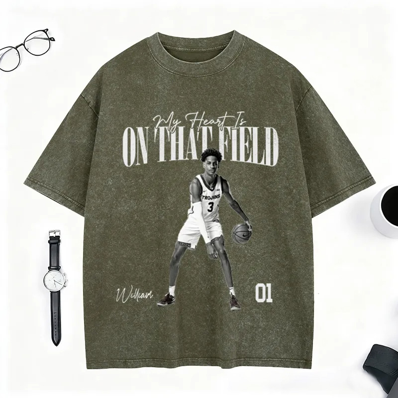 Personalized "My Heart Is on That Field" Washed T-Shirt with Custom Basketball Player Photo and Detail For Sport Fans